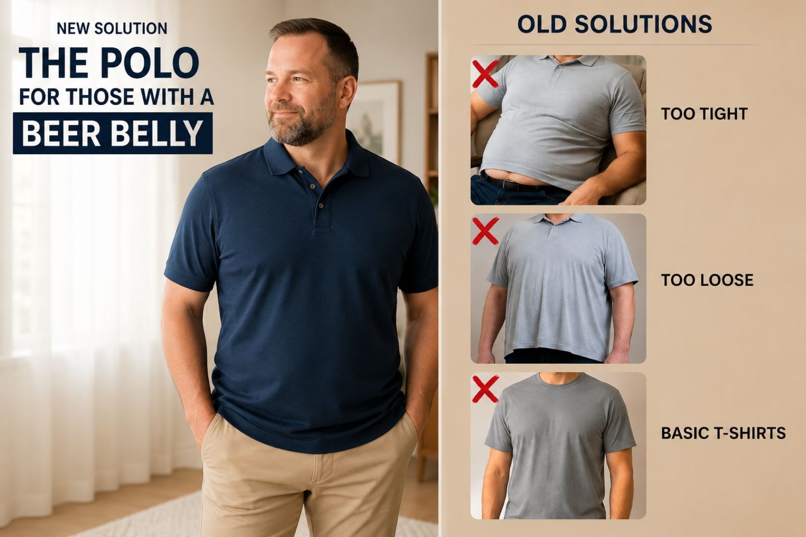 On the left, a man in a navy Beer Belly Polo that sits flat over the stomach. On the right, the three shirts it replaces: one too tight, one too loose, and a basic t-shirt.